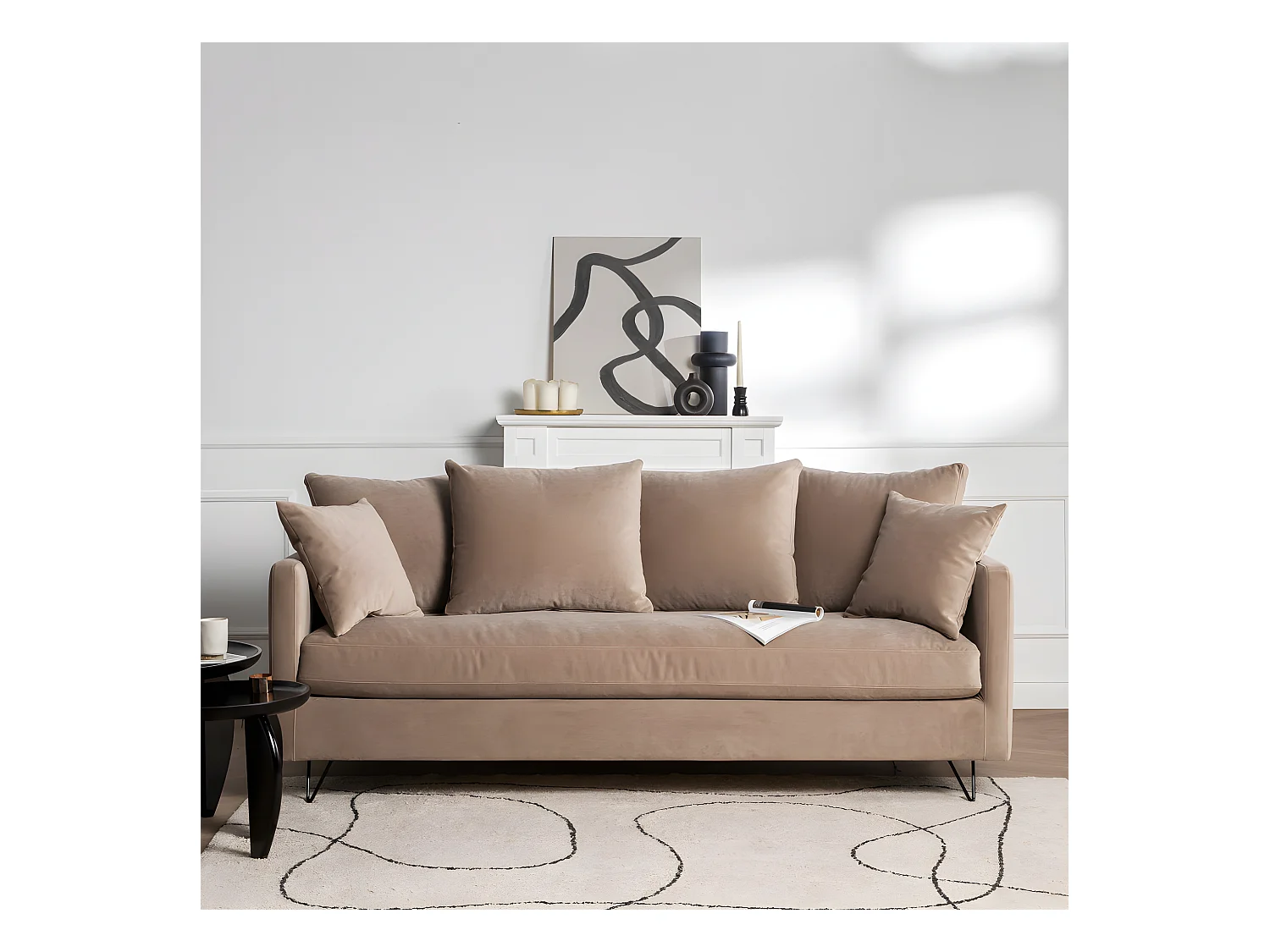 Villabon - Canapé convertible 3 places en velours pieds épingles noirs - Beige