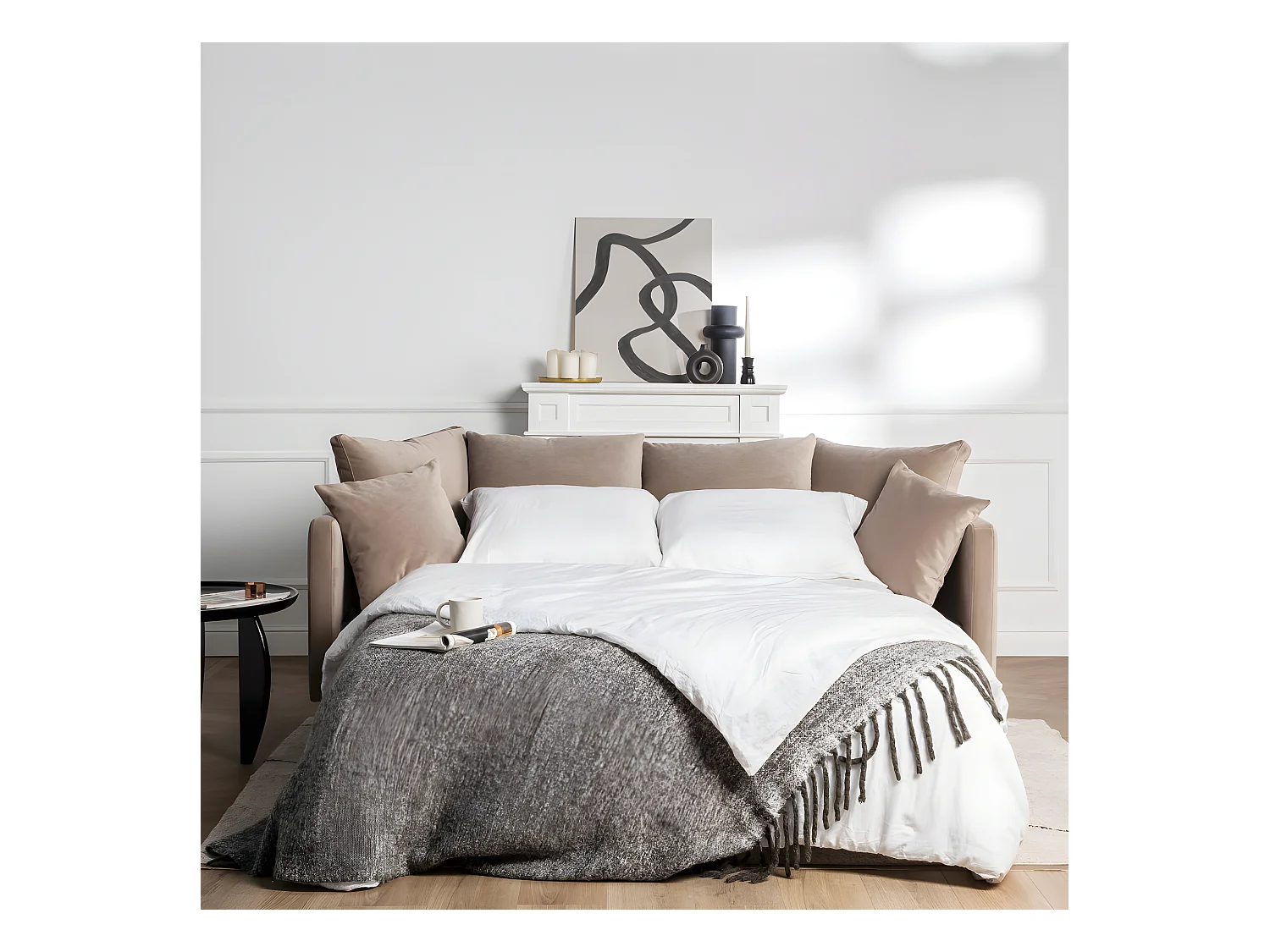 Villabon - Canapé convertible 3 places en velours pieds épingles noirs - Beige