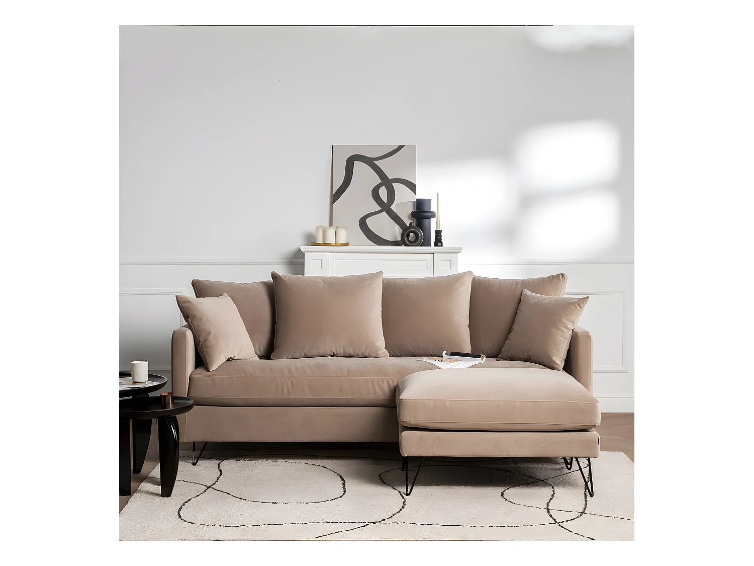 Villabon - Canapé convertible 3 places en velours pieds épingles noirs - Beige