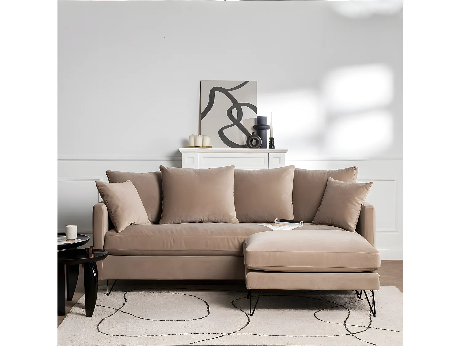 Villabon - Canapé convertible 3 places en velours pieds épingles noirs - Beige