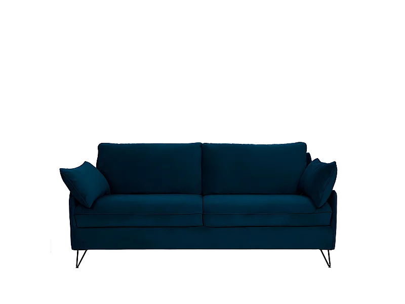 Lunery - Canapé 4 places convertible en velours pieds épingles noirs - Bleu nuit