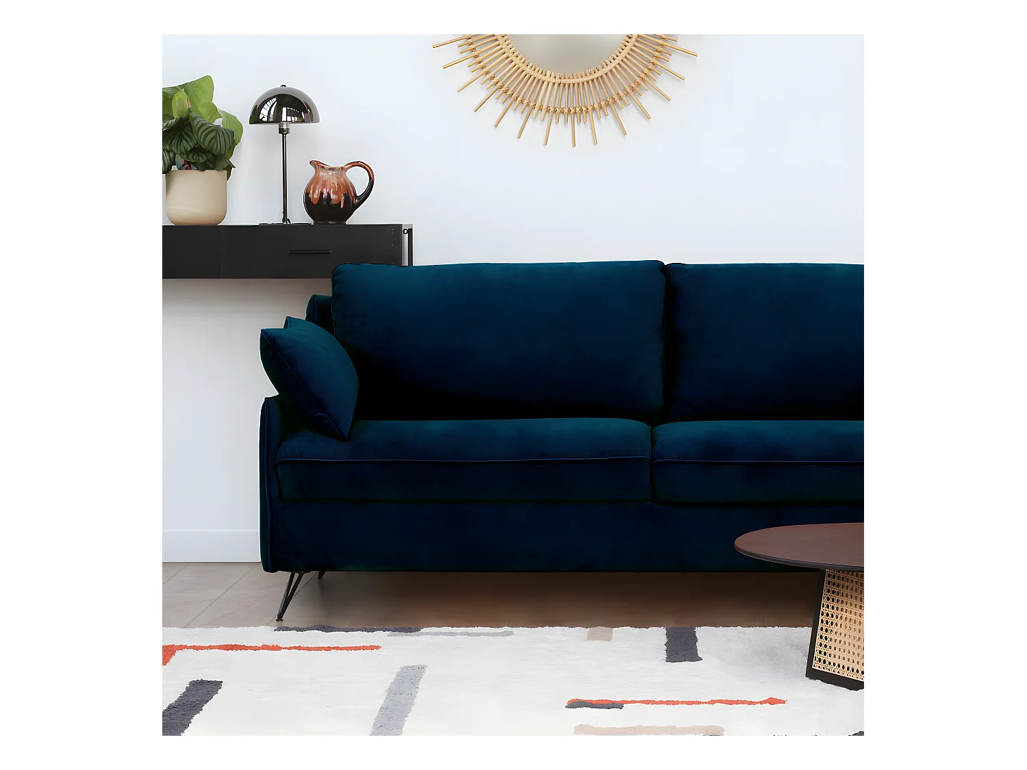 Lunery - Canapé 4 places convertible en velours pieds épingles noirs - Bleu nuit