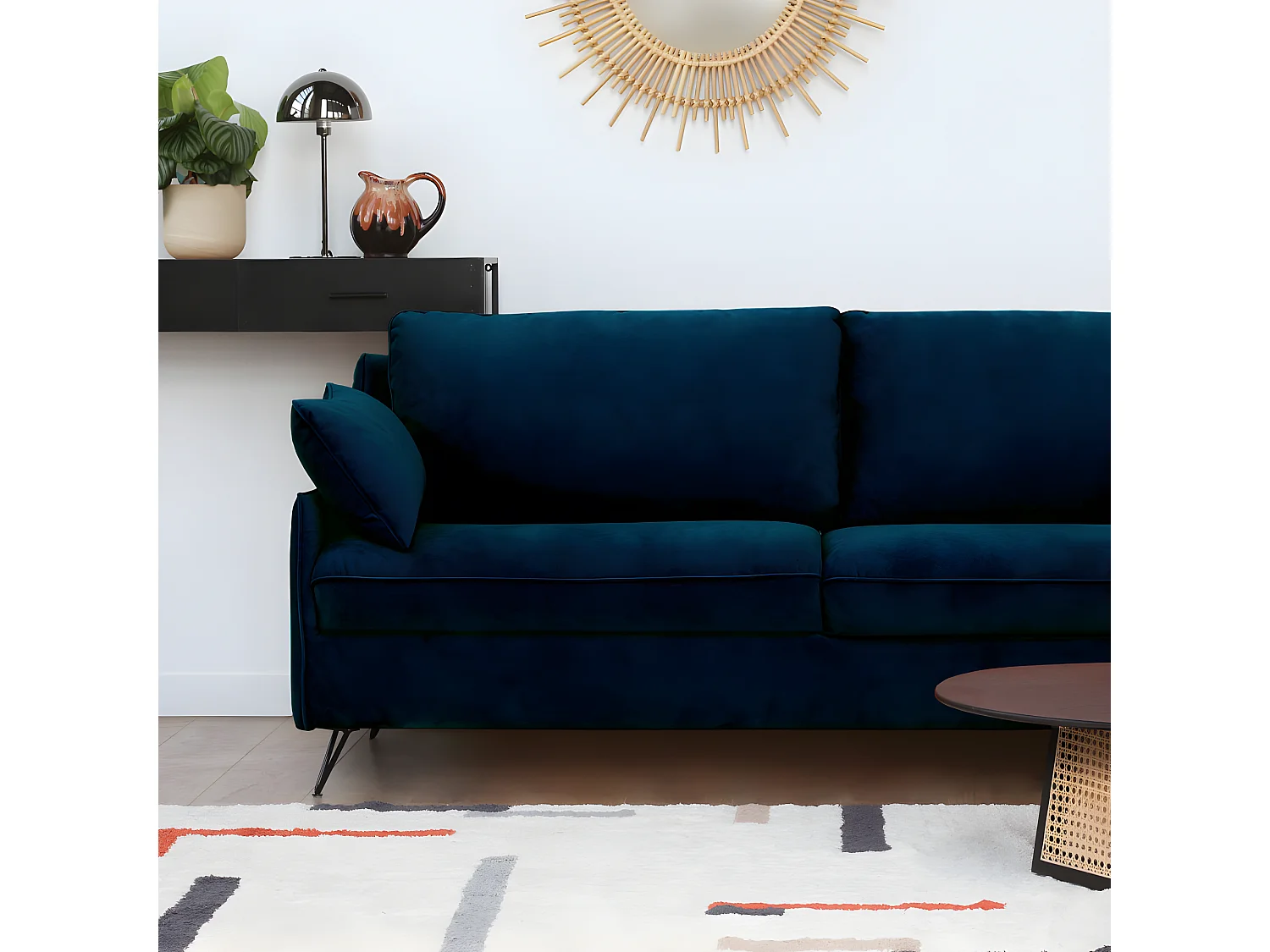 Lunery - Canapé 4 places convertible en velours pieds épingles noirs - Bleu nuit