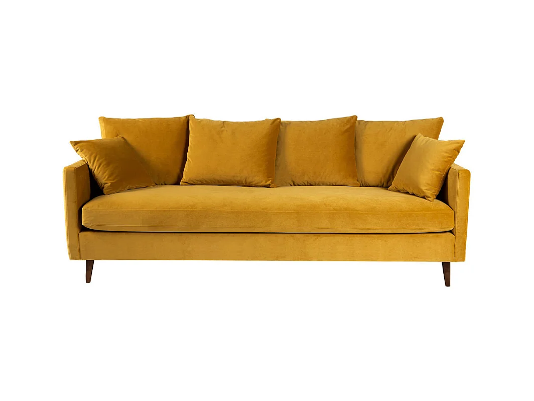 Villabon - Canapé convertible 4 places en velours pieds bois foncé - Jaune moutarde
