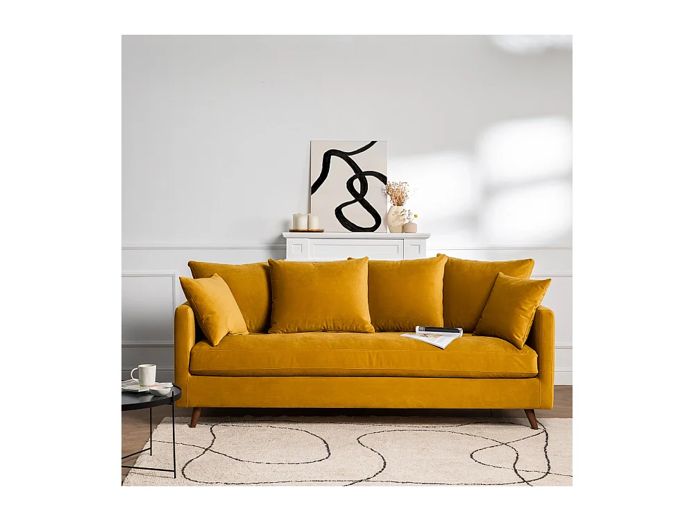 Villabon - Canapé convertible 4 places en velours pieds bois foncé - Jaune moutarde