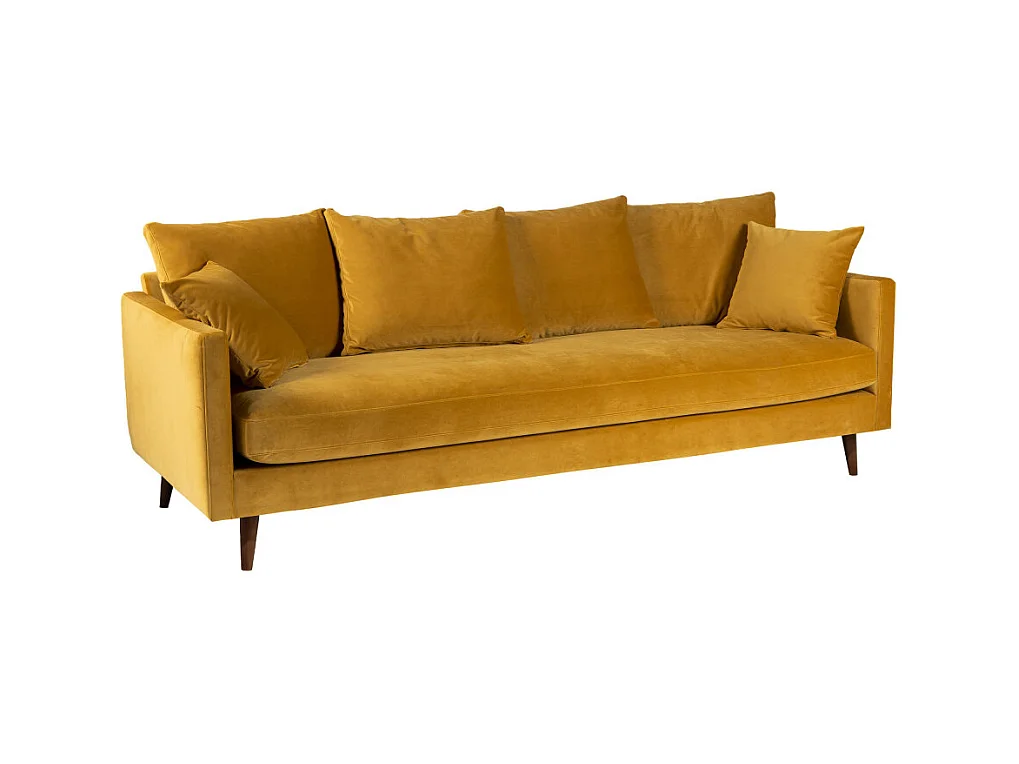 Villabon - Canapé convertible 4 places en velours pieds bois foncé - Jaune moutarde
