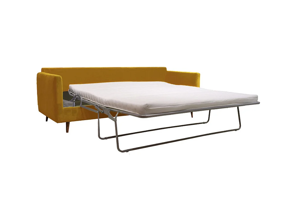Villabon - Canapé convertible 4 places en velours pieds bois foncé - Jaune moutarde