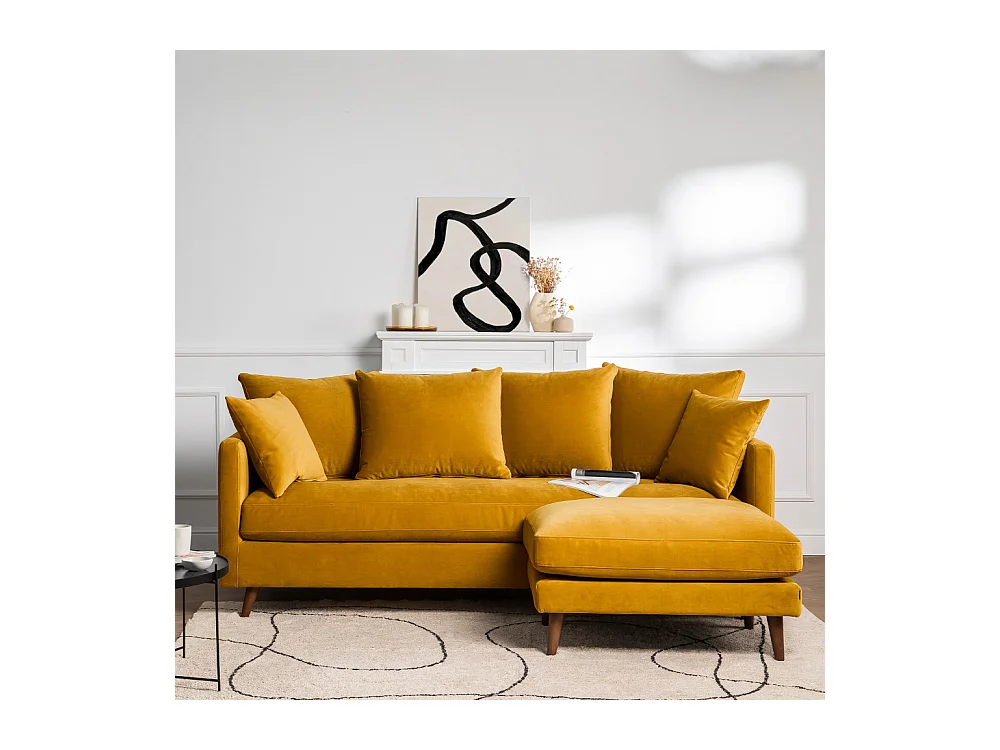Villabon - Canapé convertible 4 places en velours pieds bois foncé - Jaune moutarde