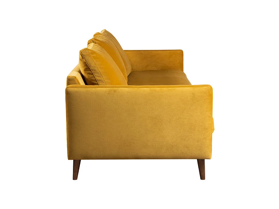 Villabon - Canapé convertible 4 places en velours pieds bois foncé - Jaune moutarde