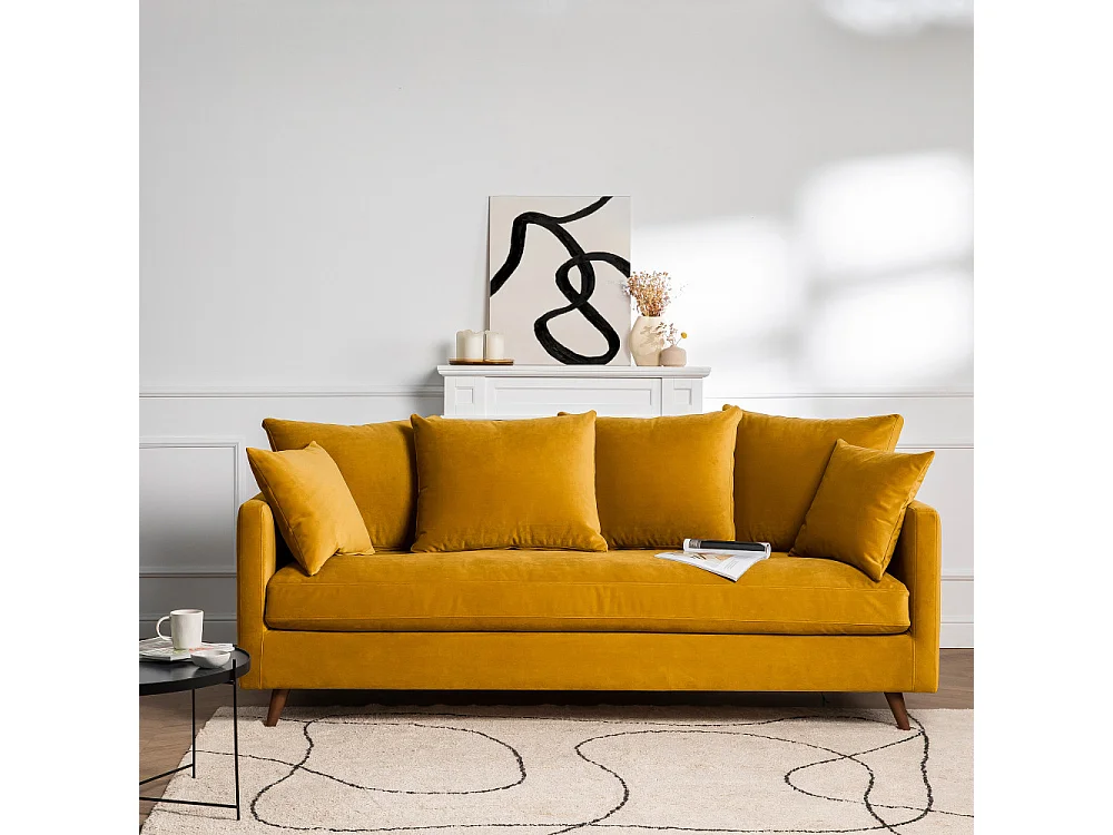 Villabon - Canapé convertible 4 places en velours pieds bois foncé - Jaune moutarde