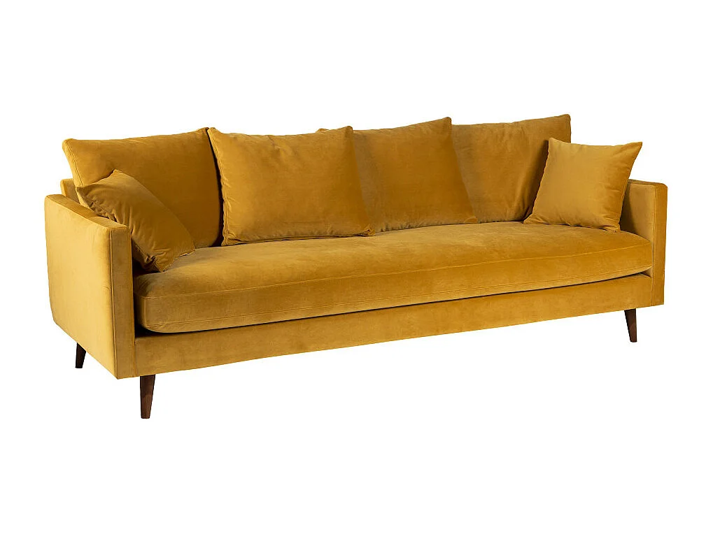 Villabon - Canapé convertible 4 places en velours pieds bois foncé - Jaune moutarde