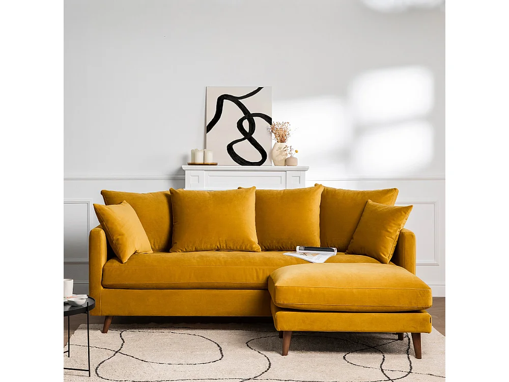 Villabon - Canapé convertible 4 places en velours pieds bois foncé - Jaune moutarde