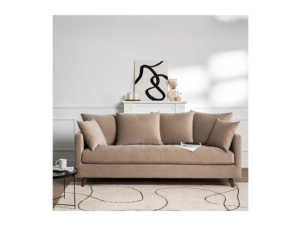 Villabon - Canapé convertible 3 places en velours pieds bois foncé - Beige