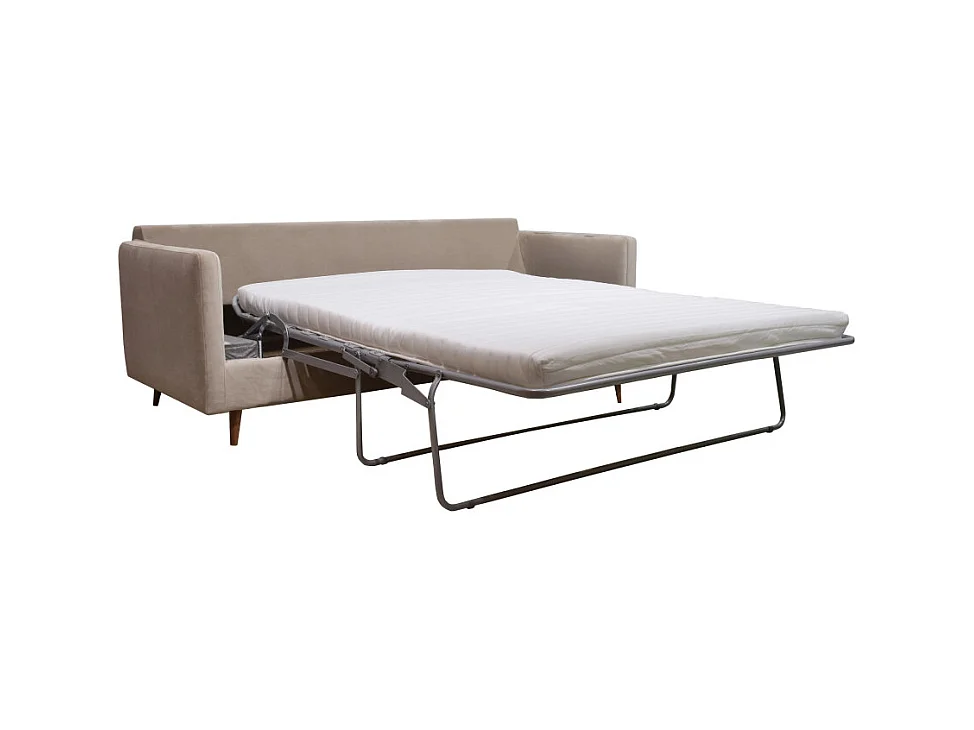 Villabon - Canapé convertible 3 places en velours pieds bois foncé - Beige