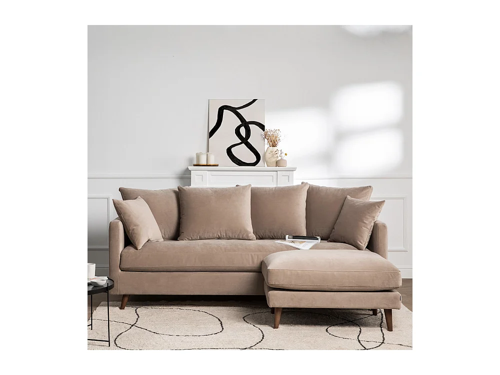 Villabon - Canapé convertible 3 places en velours pieds bois foncé - Beige