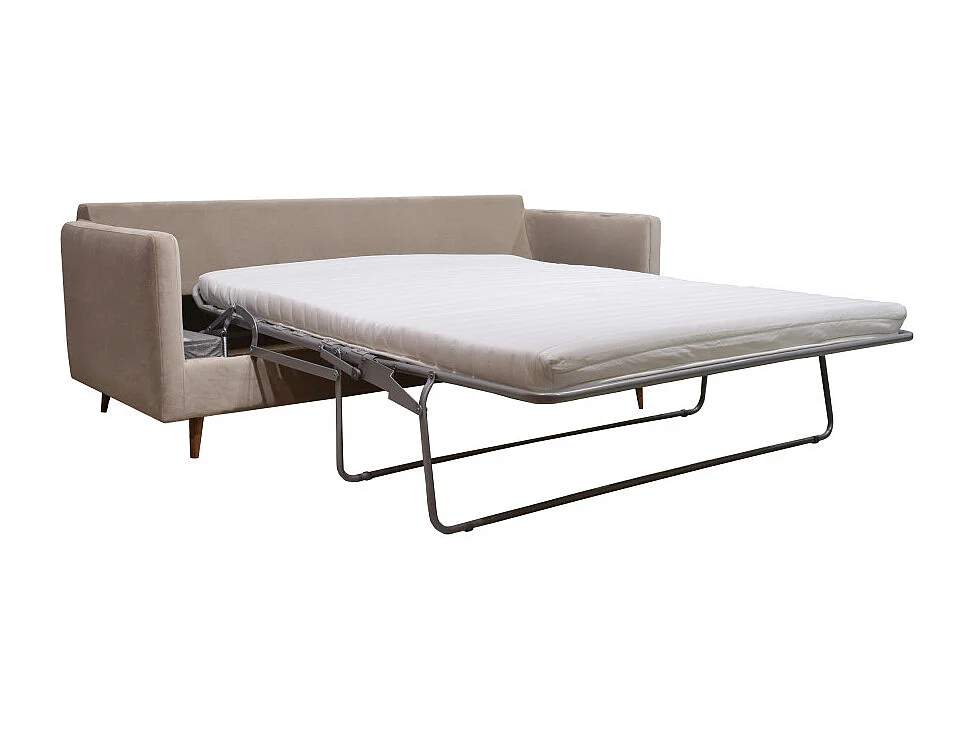 Villabon - Canapé convertible 3 places en velours pieds bois foncé - Beige