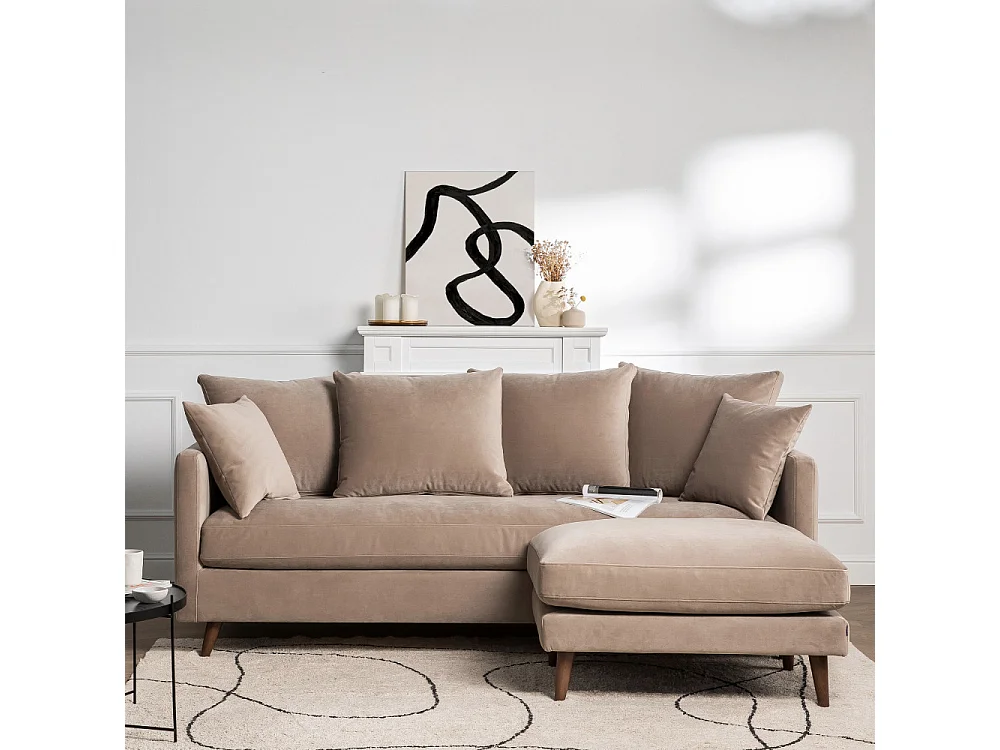 Villabon - Canapé convertible 3 places en velours pieds bois foncé - Beige