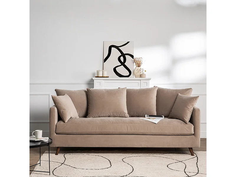 Villabon - Canapé convertible 3 places en velours pieds bois foncé - Beige