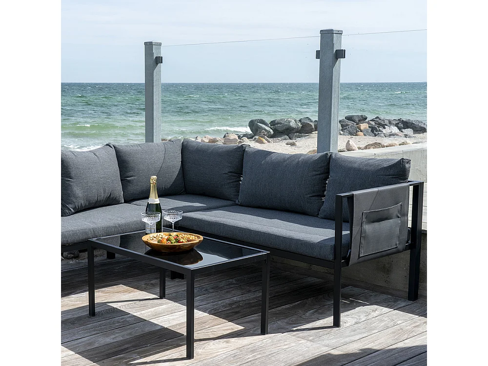 Cannes tuinmeubelset incl. kussens en tafel met glasplaat grijs, zwart.