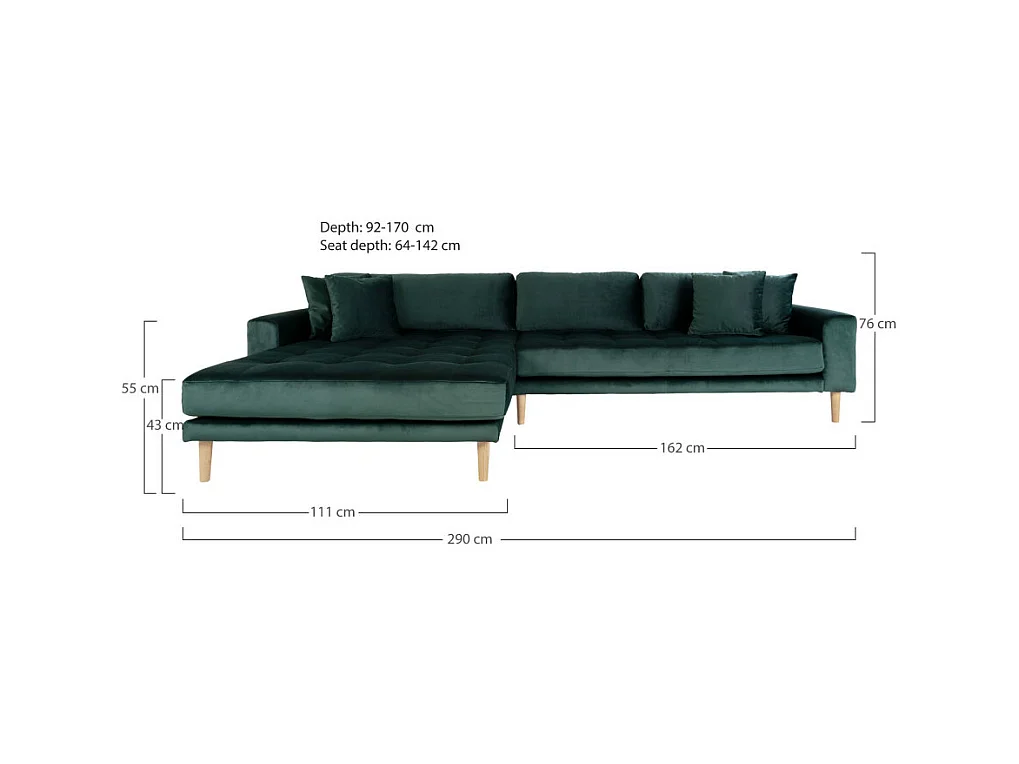 Lido Chaise longue bank links gedraaid velours incl. 4 sierkussens, groen.