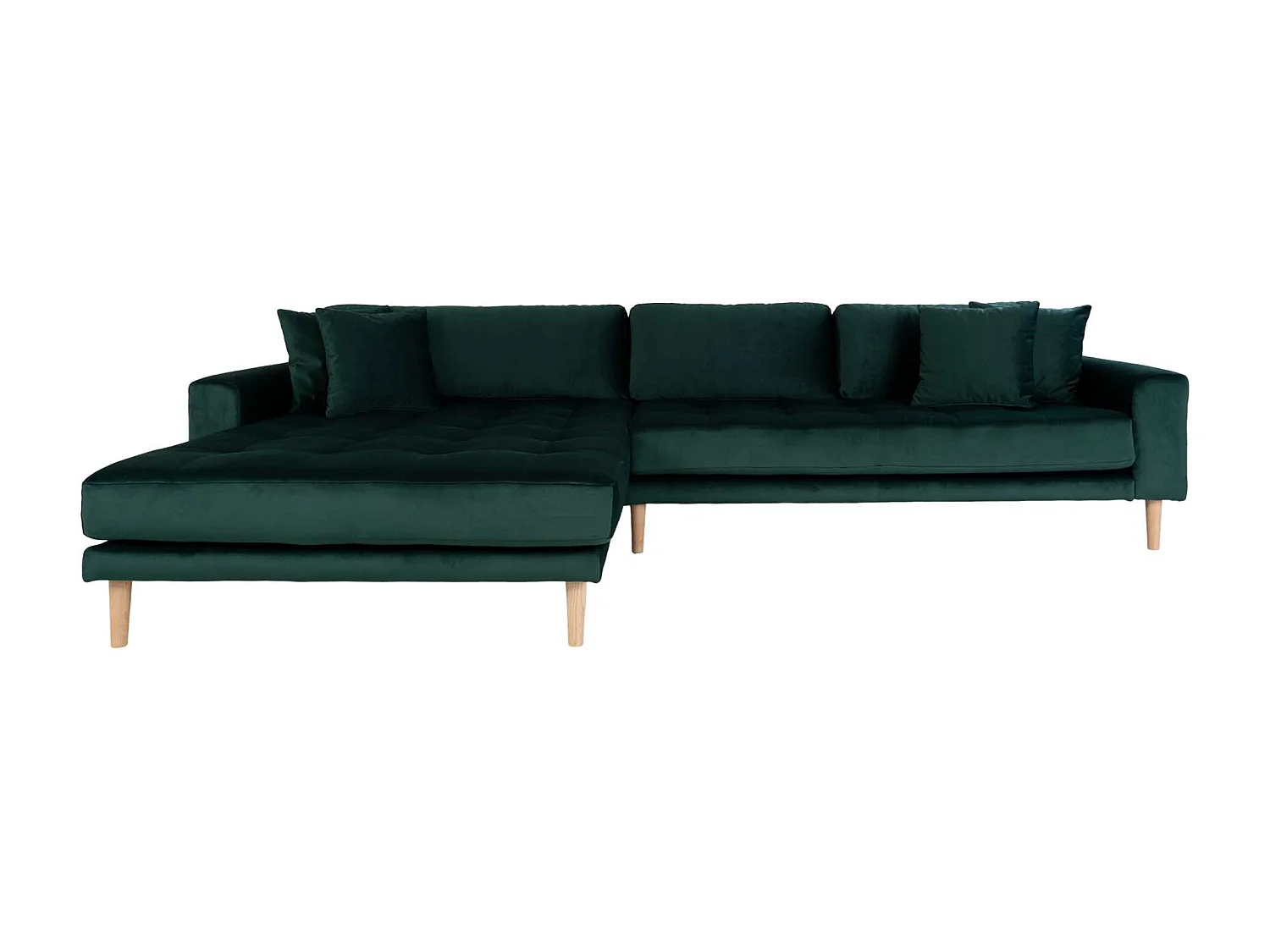 Lido Canapé avec chaise longue orientée à gauche en velours, avec 4 coussins décoratifs, vert.