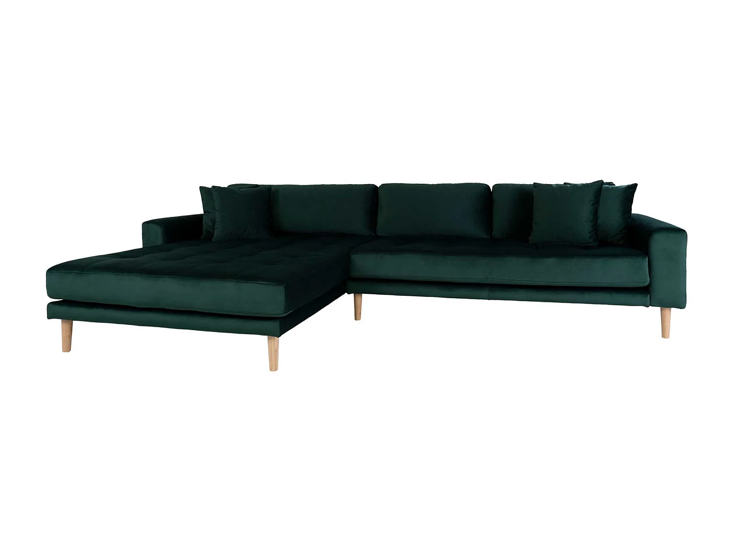 Lido Canapé avec chaise longue orientée à gauche en velours, avec 4 coussins décoratifs, vert.