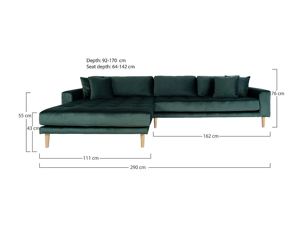 Lido Canapé avec chaise longue orientée à gauche en velours, avec 4 coussins décoratifs, vert.