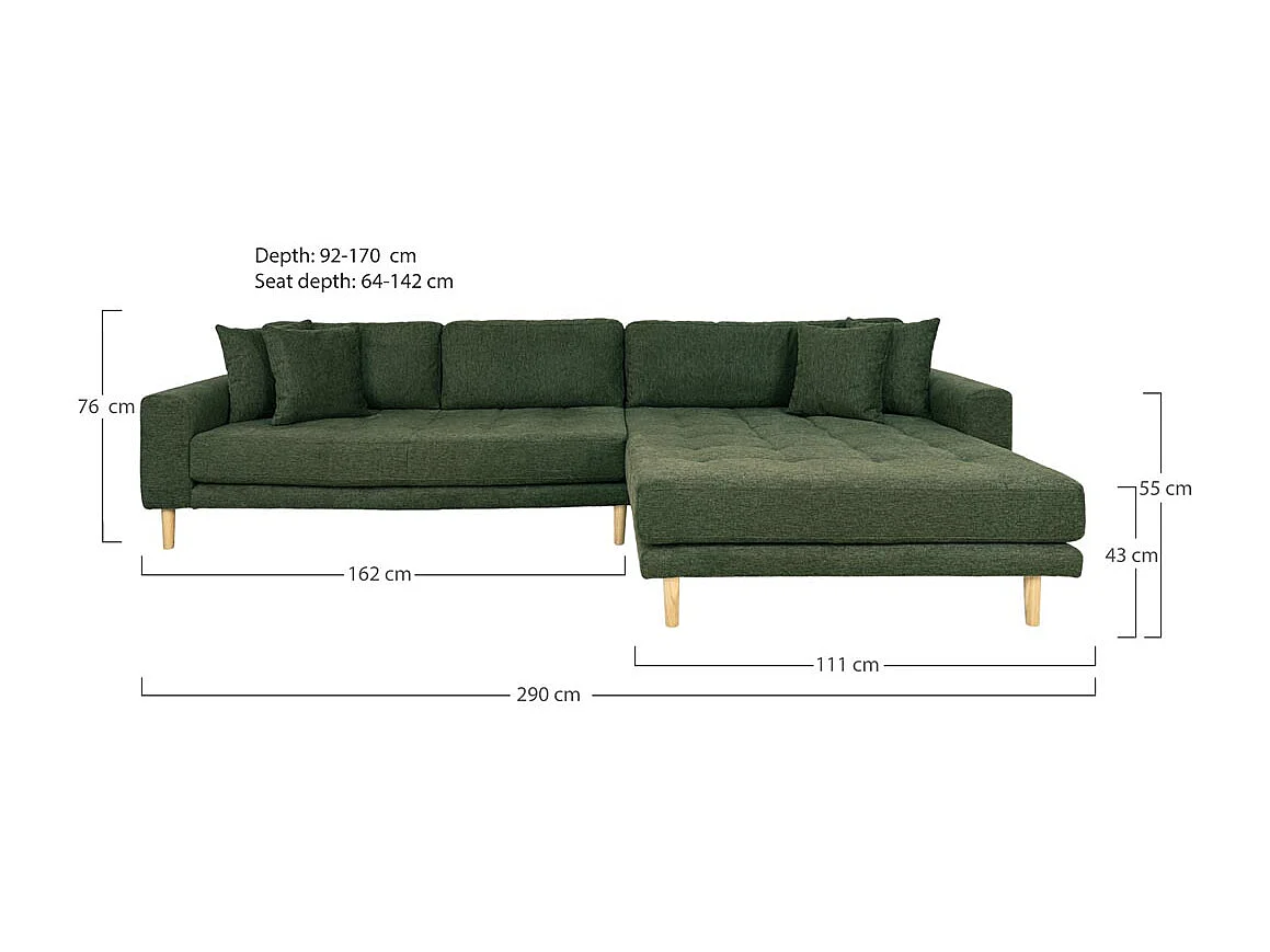 Lido bank bank met chaise longue rechts gericht 4 kussens groen.