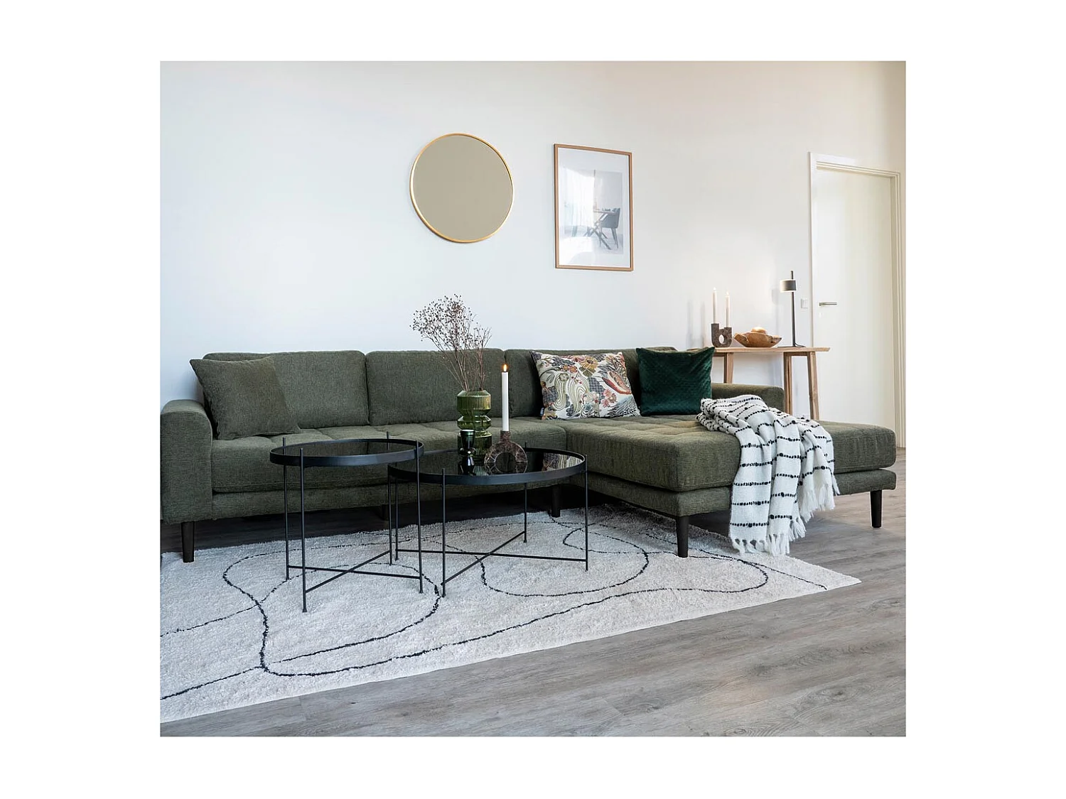 Lido bank bank met chaise longue rechts gericht 4 kussens groen.