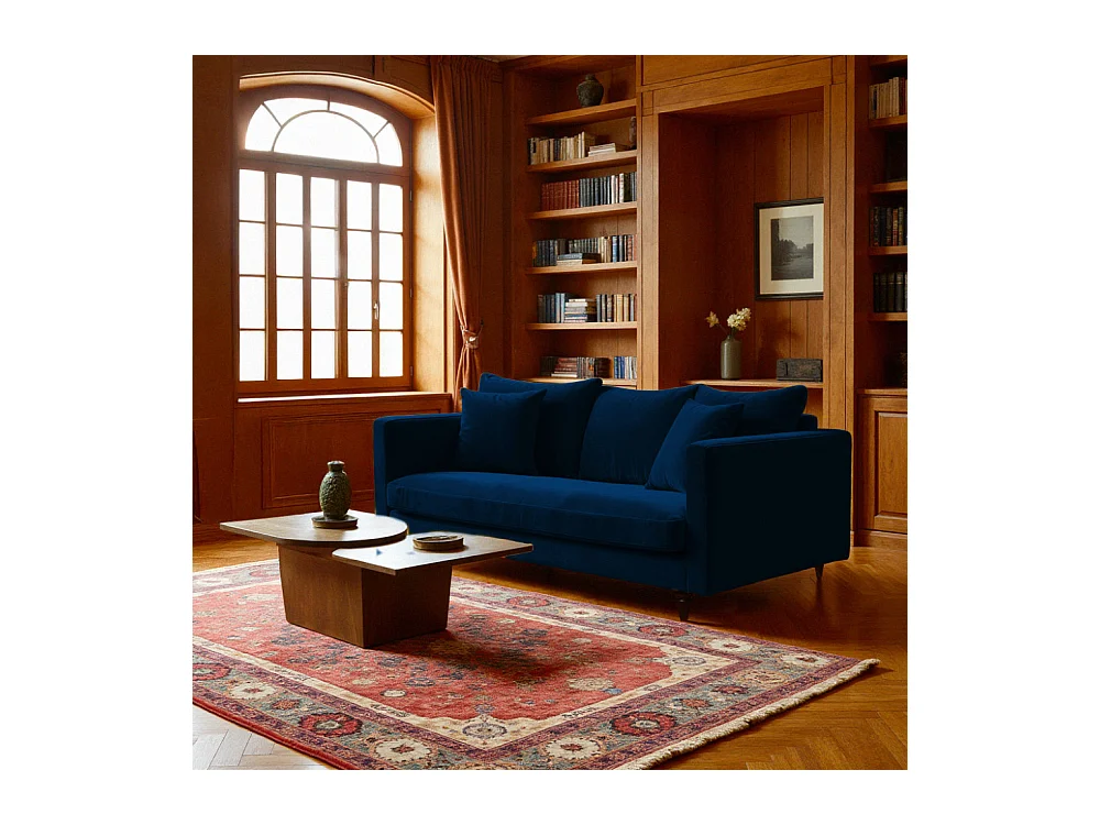 Villabon - Canapé 3 places en velours pieds tournés - Bleu marine