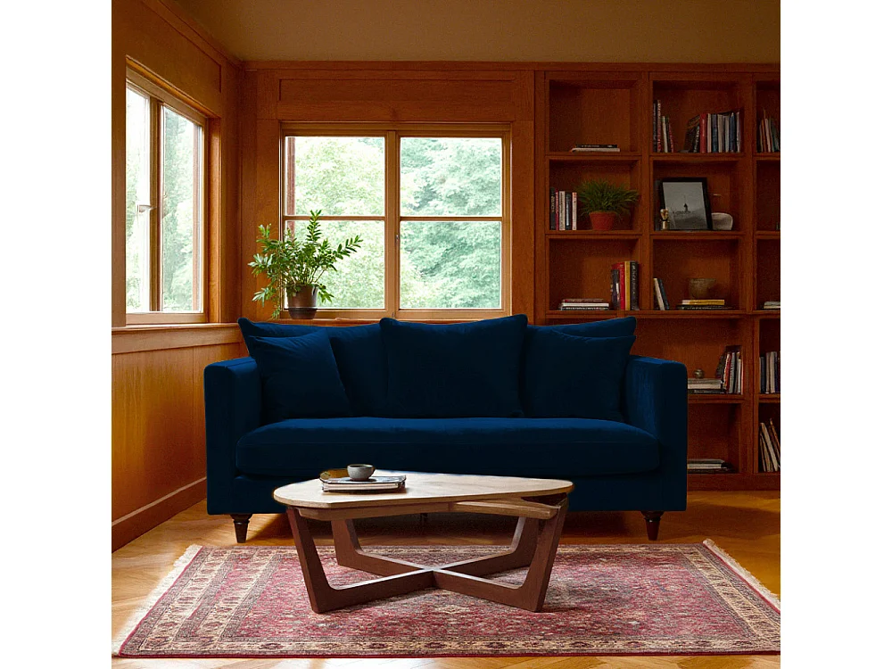 Villabon - Canapé 3 places en velours pieds tournés - Bleu marine