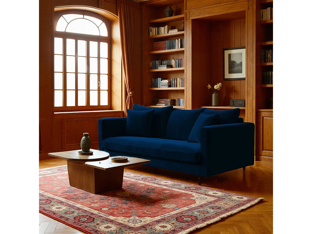 Villabon - Canapé 3 places en velours pieds tournés - Bleu marine