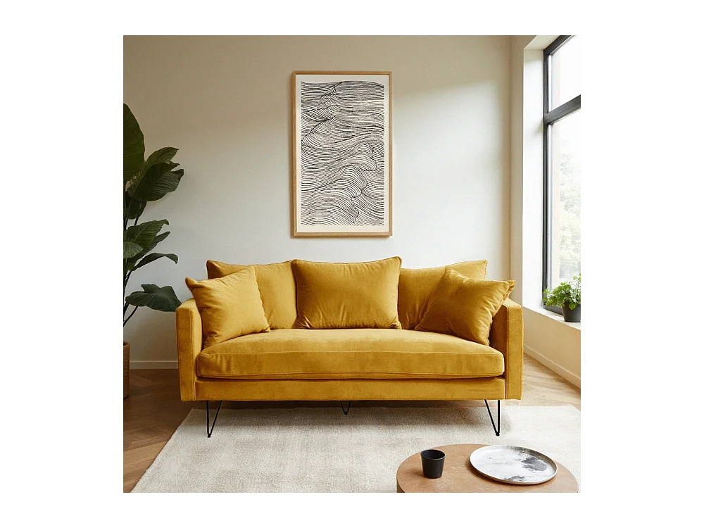 Villabon - Canapé 3 places en velours pieds épingles noirs - Jaune moutarde