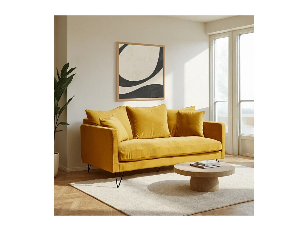 Villabon - Canapé 3 places en velours pieds épingles noirs - Jaune moutarde