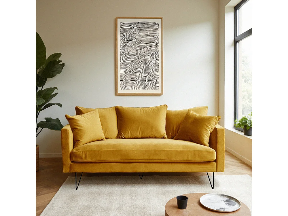 Villabon - Canapé 3 places en velours pieds épingles noirs - Jaune moutarde