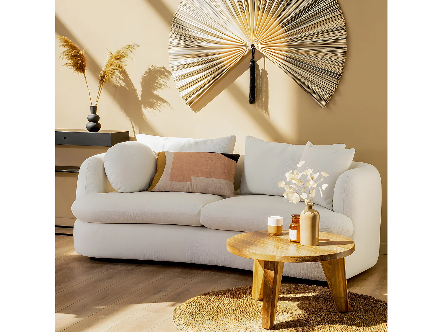 Lindos - Canapé 3 places en tissu bouclette : Couleur - Ecru