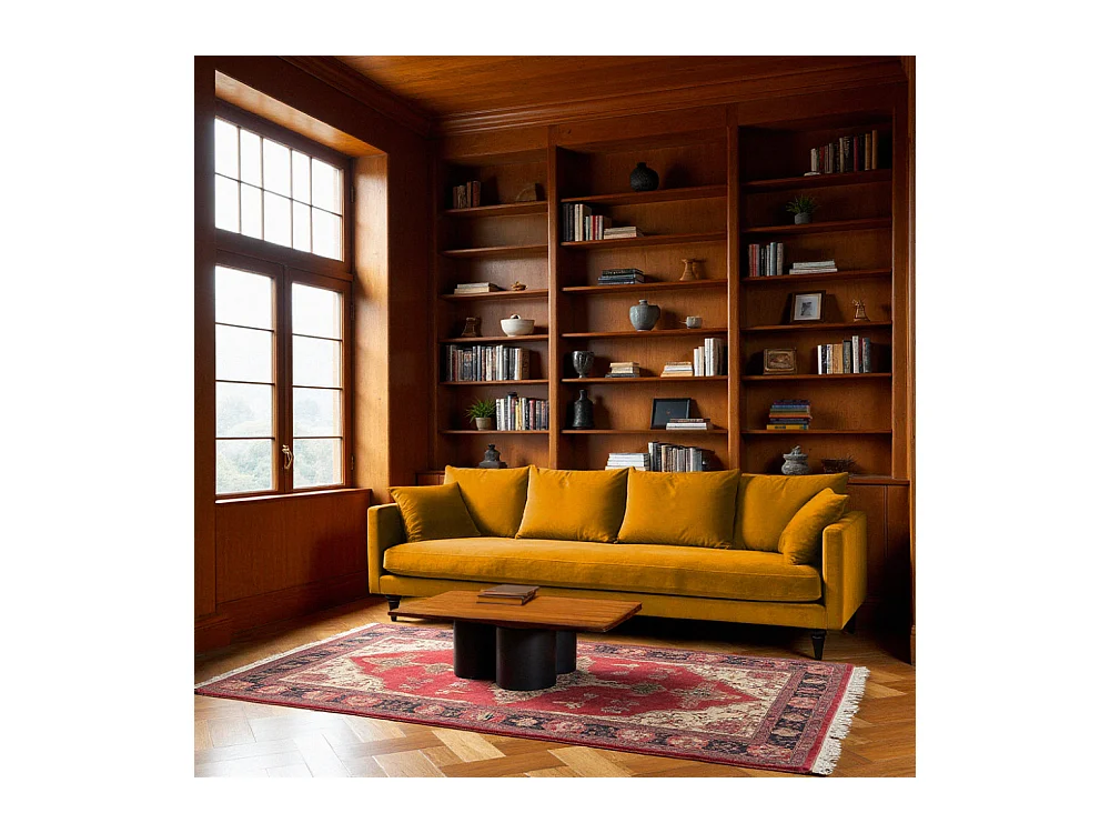 Villabon - Canapé 4 places en velours pieds tournés - Jaune moutarde