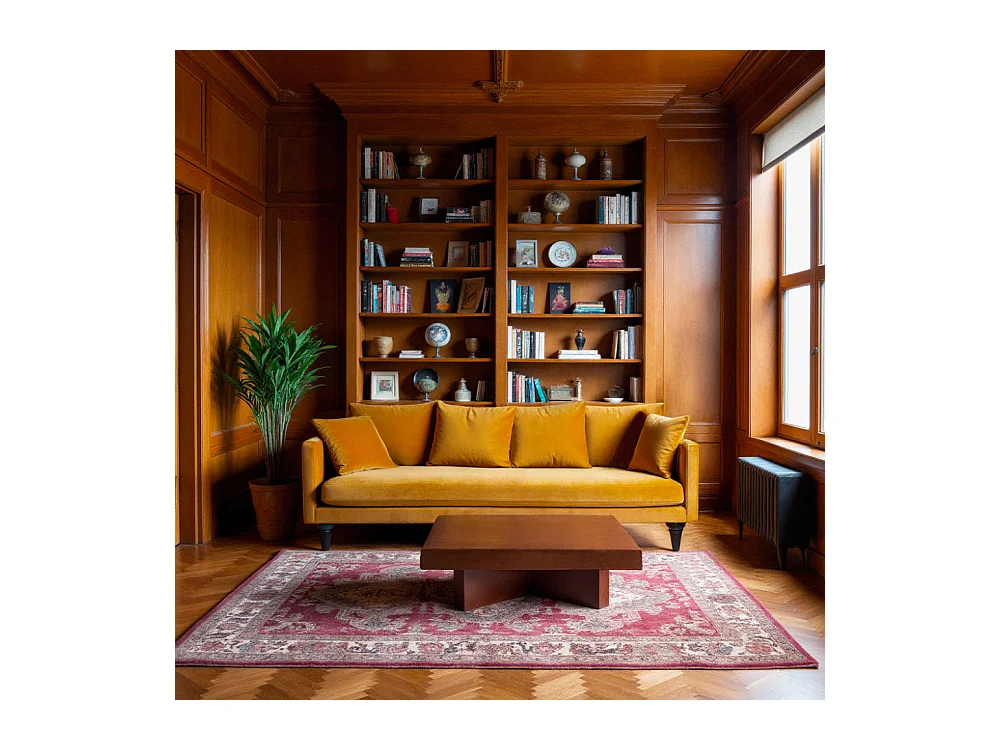 Villabon - Canapé 4 places en velours pieds tournés - Jaune moutarde