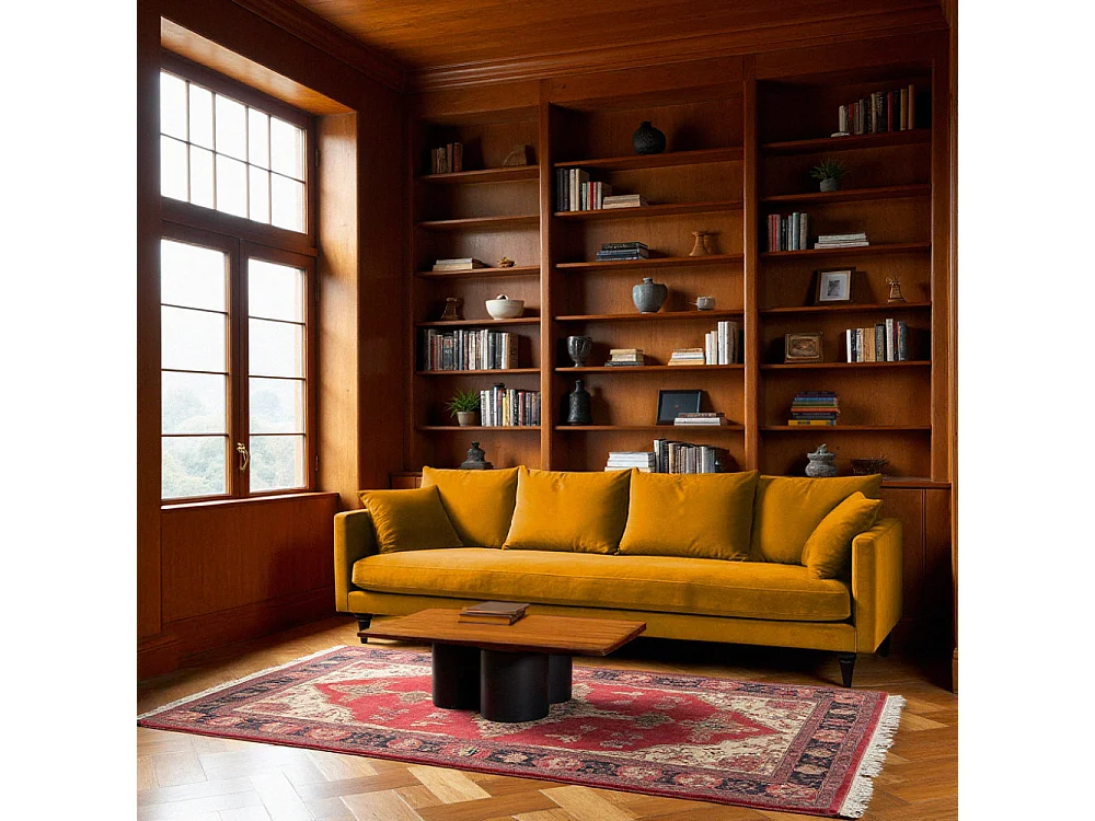 Villabon - Canapé 4 places en velours pieds tournés - Jaune moutarde