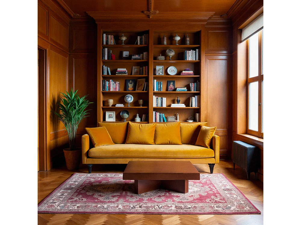 Villabon - Canapé 4 places en velours pieds tournés - Jaune moutarde