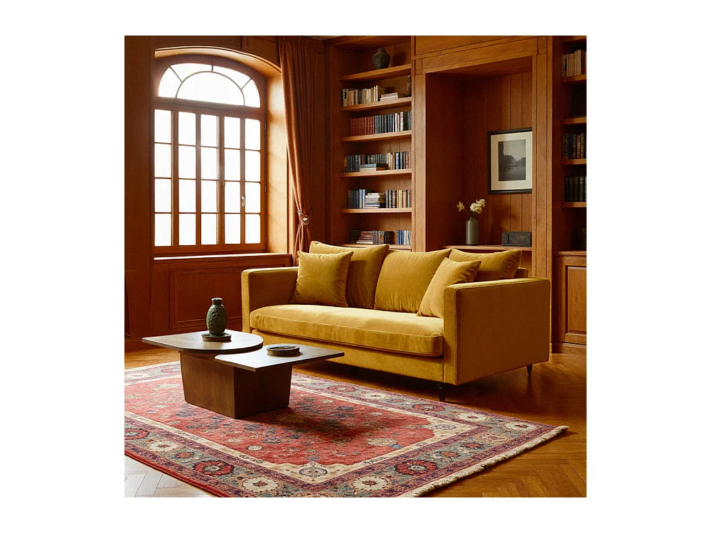 Villabon - Canapé 3 places en velours pieds tournés - Jaune moutarde