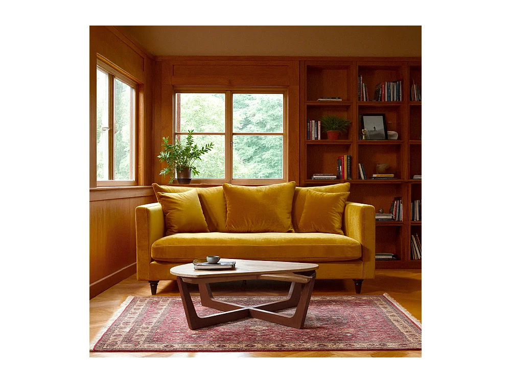 Villabon - Canapé 3 places en velours pieds tournés - Jaune moutarde