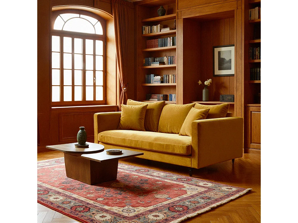 Villabon - Canapé 3 places en velours pieds tournés - Jaune moutarde