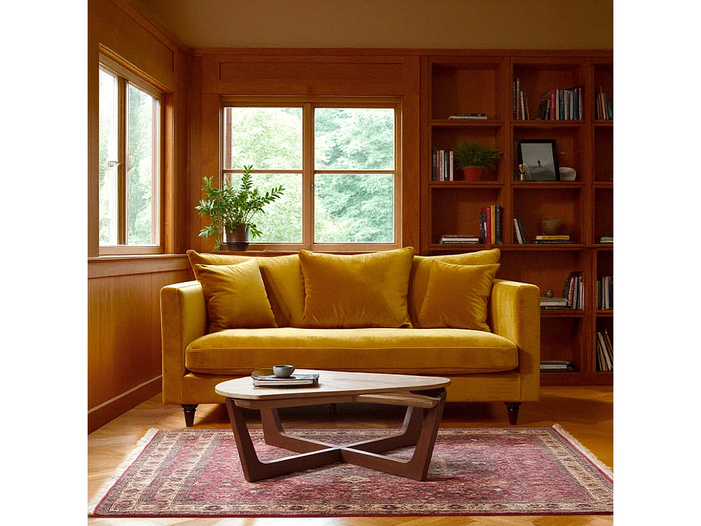 Villabon - Canapé 3 places en velours pieds tournés - Jaune moutarde