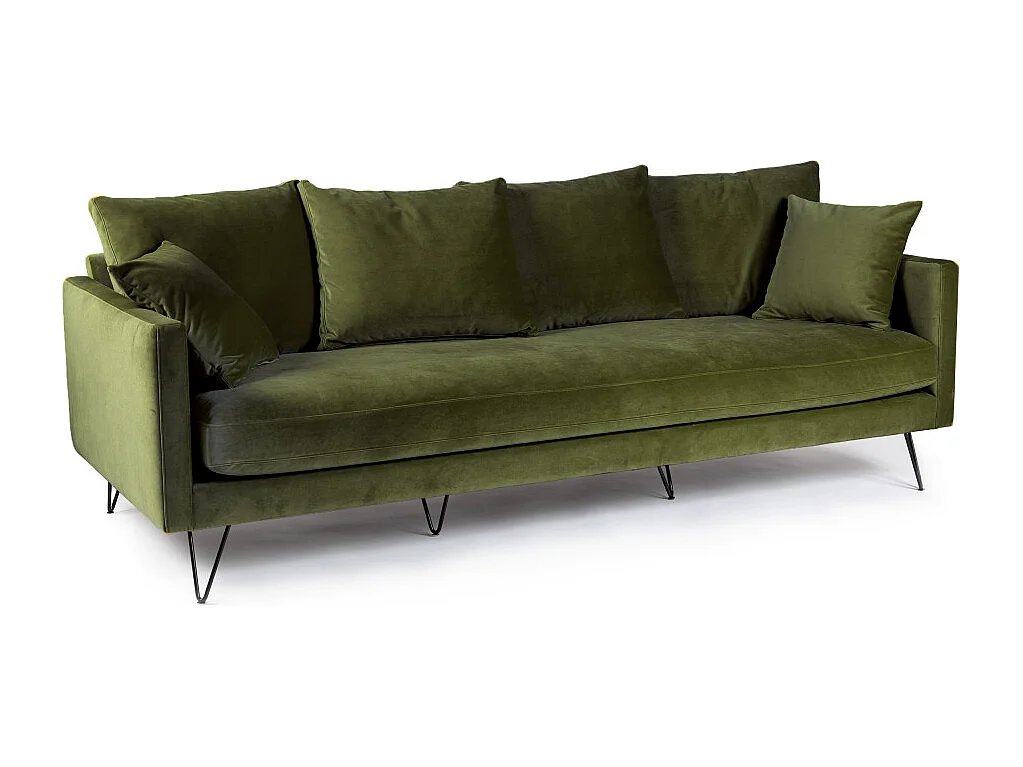 Villabon - Canapé 4 places en velours pieds épingles noirs - Vert olive