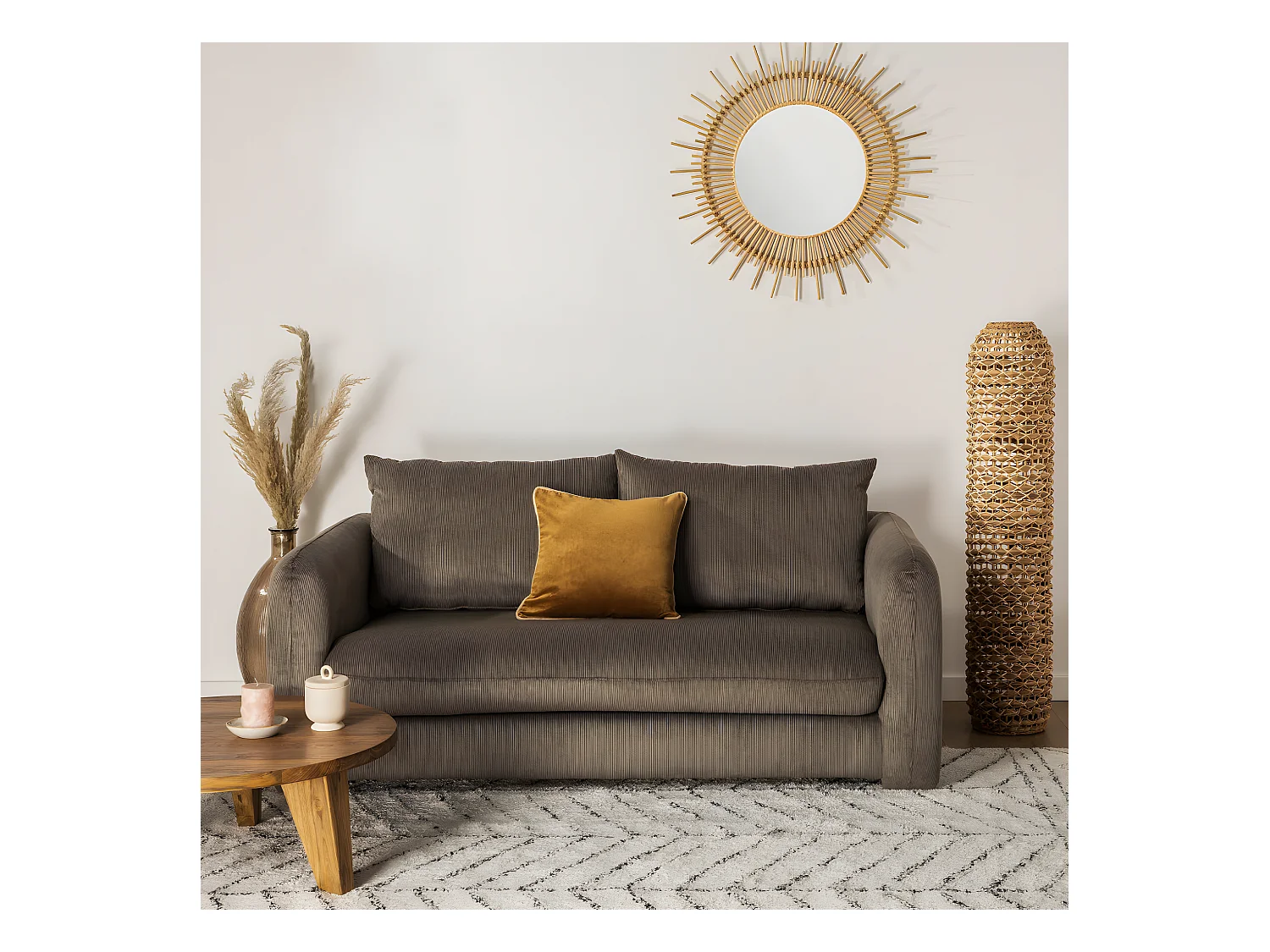 Wiame - Canapé 2,5 places en velours côtelé : Couleur - Vert kaki