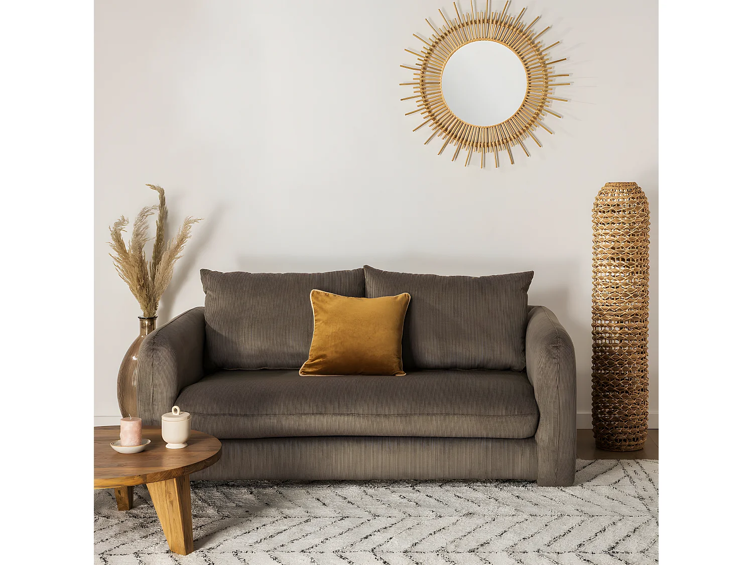 Wiame - Canapé 2,5 places en velours côtelé : Couleur - Vert kaki