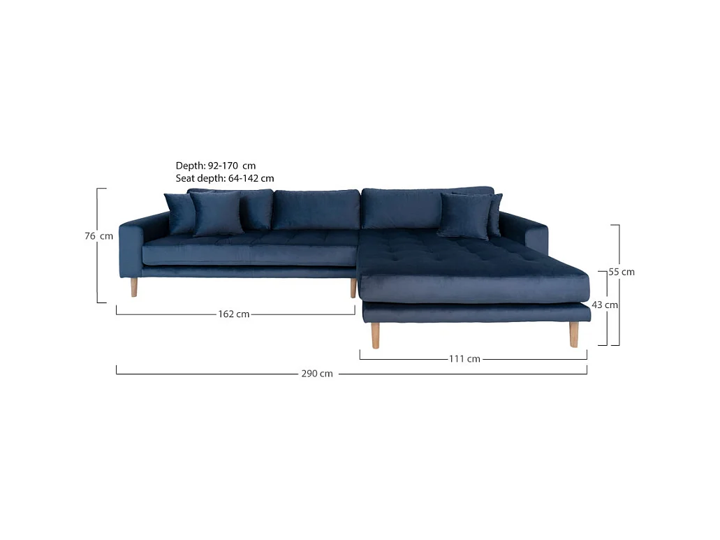 Lido Sofa , Chaiselongsofa rechts gewendet Velour dunkel blau.