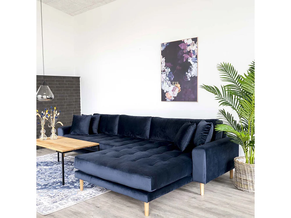 Lido - Canapé d'angle droit en velours L290cm - Couleur - Bleu foncé