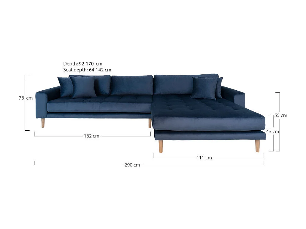 Lido - Canapé d'angle droit en velours L290cm - Couleur - Bleu foncé